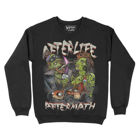 Black crewneck sweatshirt with a graphic print featuring cartoonish characters and the text 'AFTERLIFE AFTERMATH' on the front.