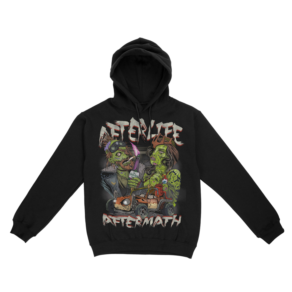 Black hoodie with a graphic print featuring cartoonish characters and the text 'AFTERLIFE AFTERMATH' on the front.