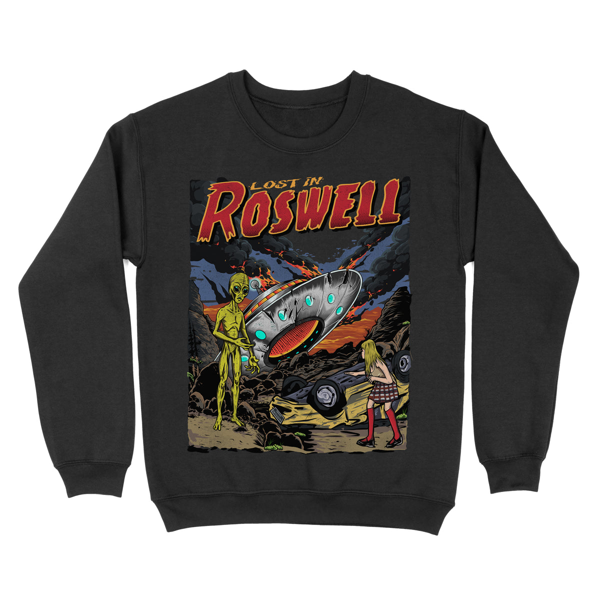 Black sweatshirt  featuring a retro sci-fi graphic with an alien, a flying saucer, and a desert scene, with ‘Lost in Roswell’ text above the artwork.
