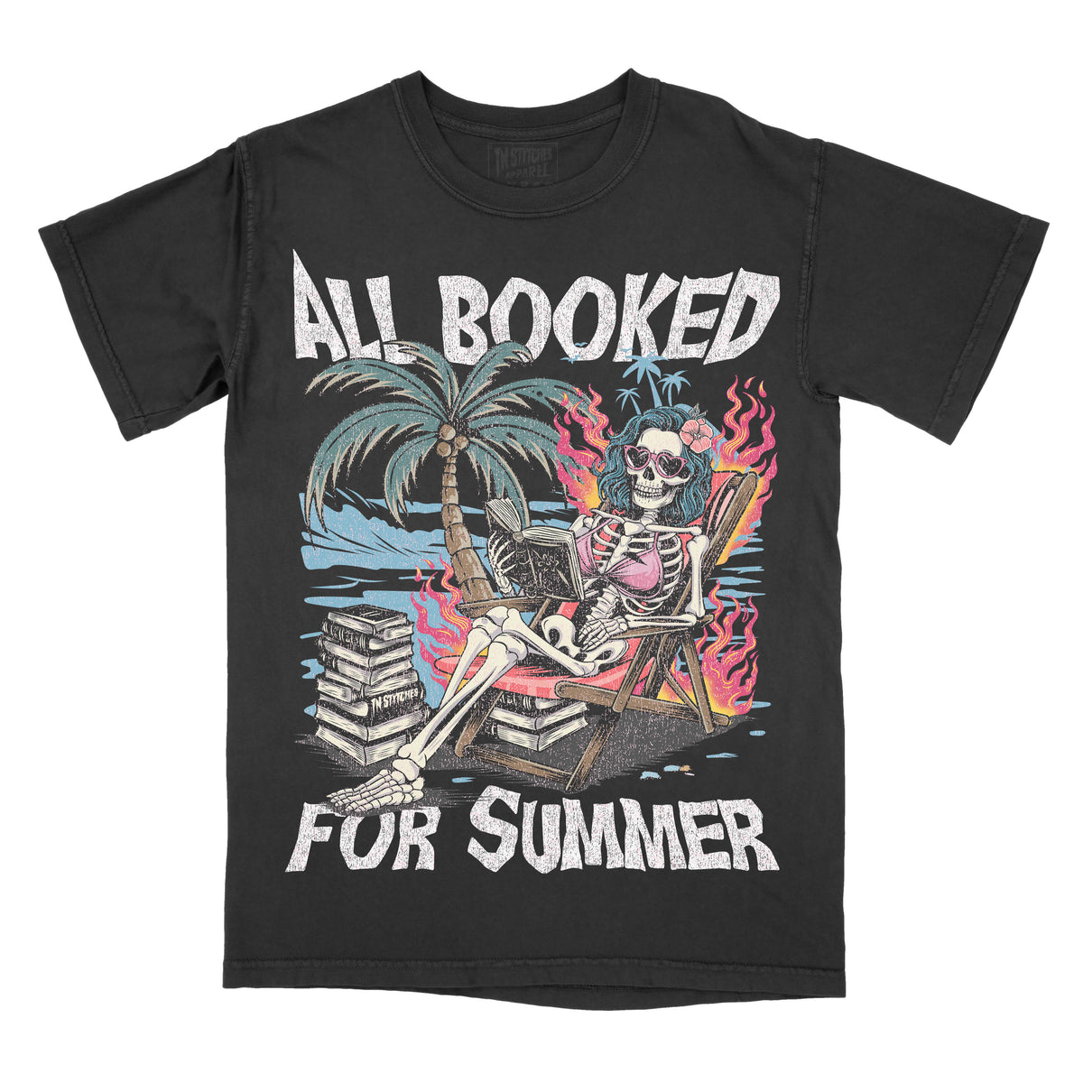Black graphic tee with a design featuring a skeleton sitting on a beach chair with text 'ALL BOOKED FOR SUMMER' and palm trees in the background.