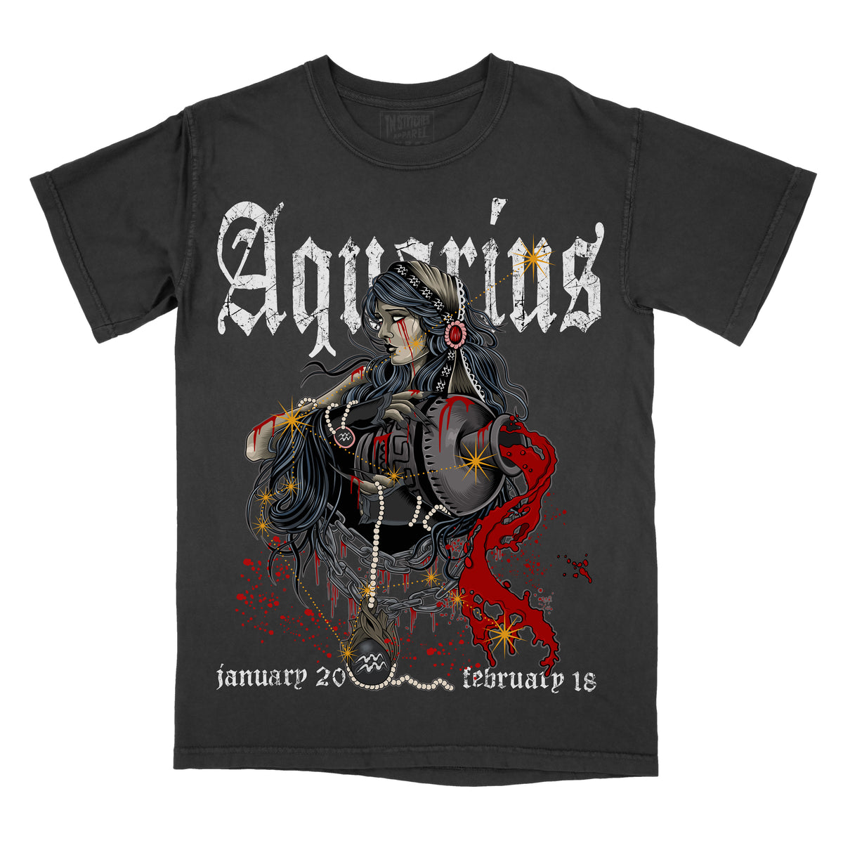 Graphic tee shirt with a design representing the zodiac sign Aquarius, in black, white, and red colors, with the text 'JANUARY 20' and 'FEBRUARY 18'.