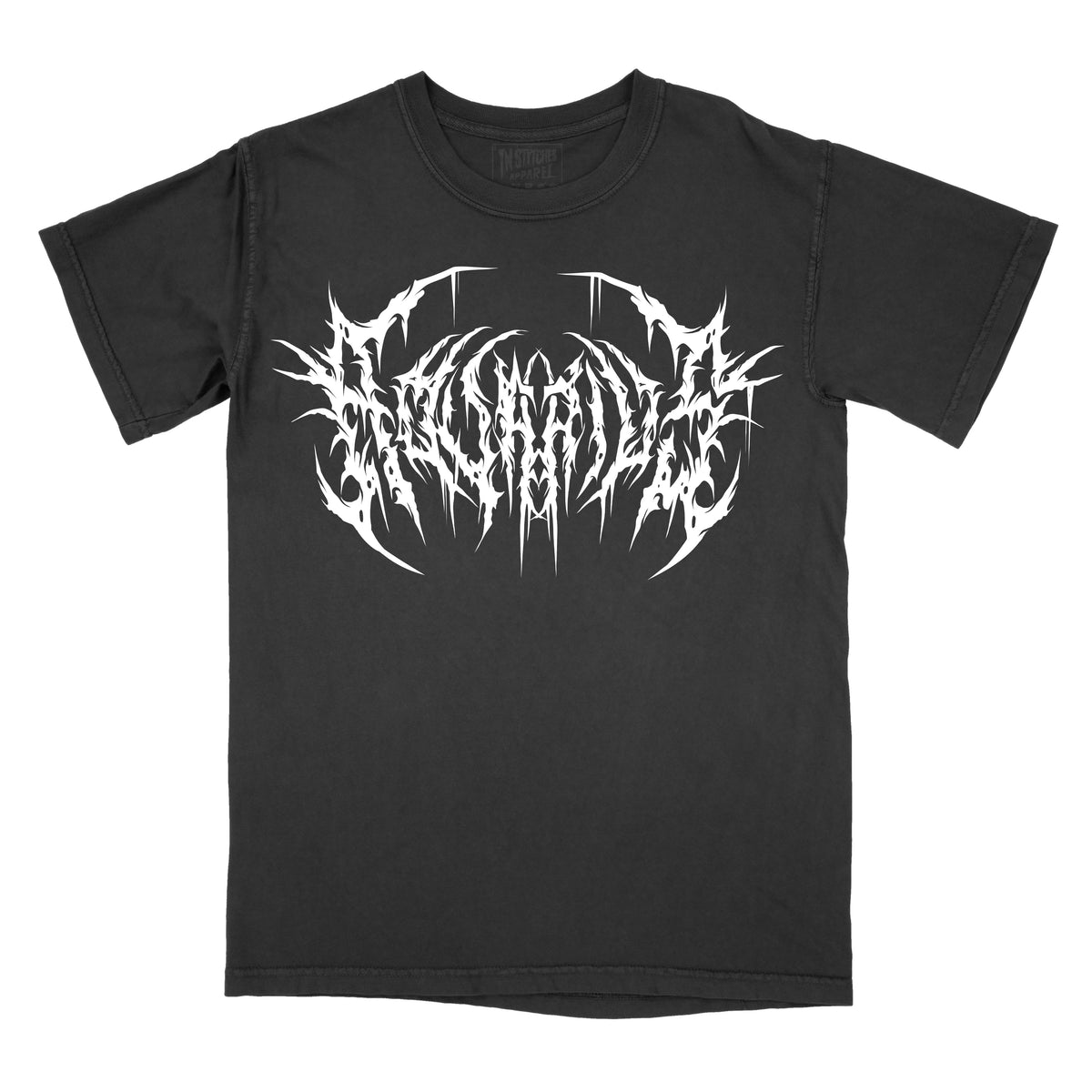 Black T-shirt with the word "aquarius" in a white, spiked heavy metal-style font centered across the chest