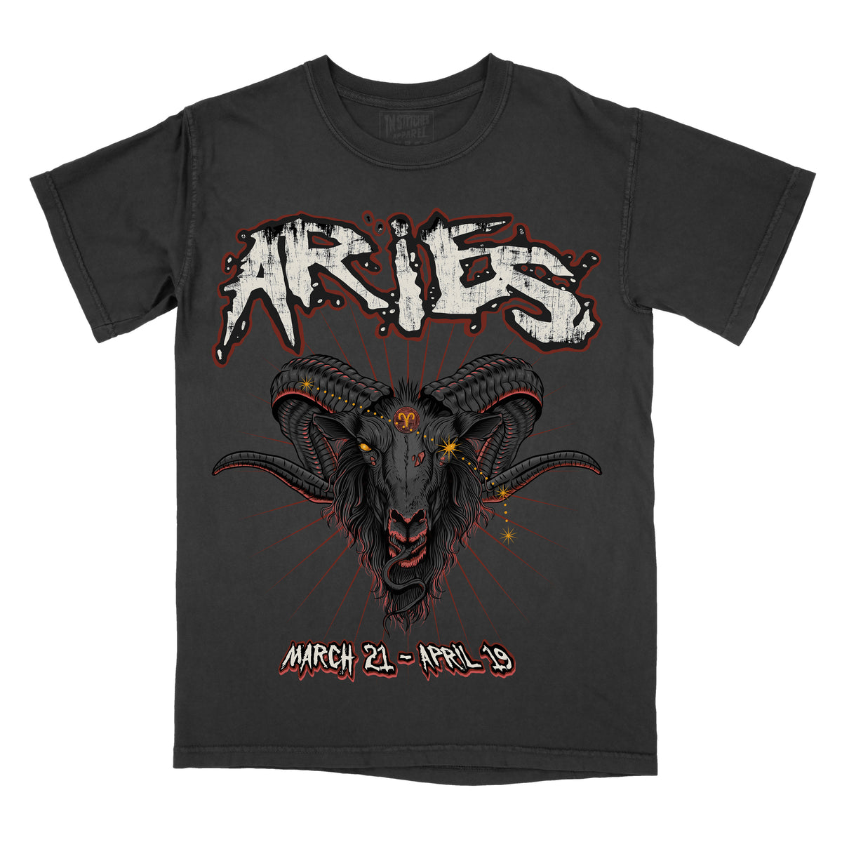 pepper graphic tee with a design of a ram's head and the word 'ARIES' below it, along with a date 'MARCH 21 - APRIL 18' printed on the bottom.
