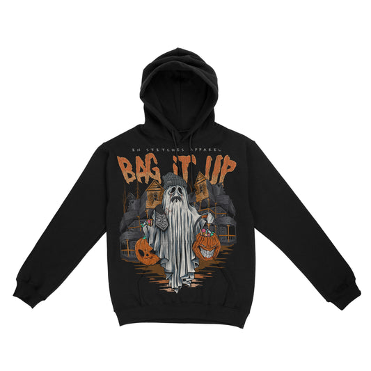 Black hooded sweatshirt shown from the back, featuring a ghost holding jack-o’-lanterns with orange text reading “Bag It Up.”