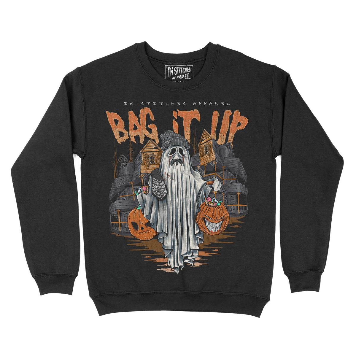 Black crewneck sweatshirt sweatshirt shown from the back, featuring a ghost holding jack-o’-lanterns with orange text reading “Bag It Up.”