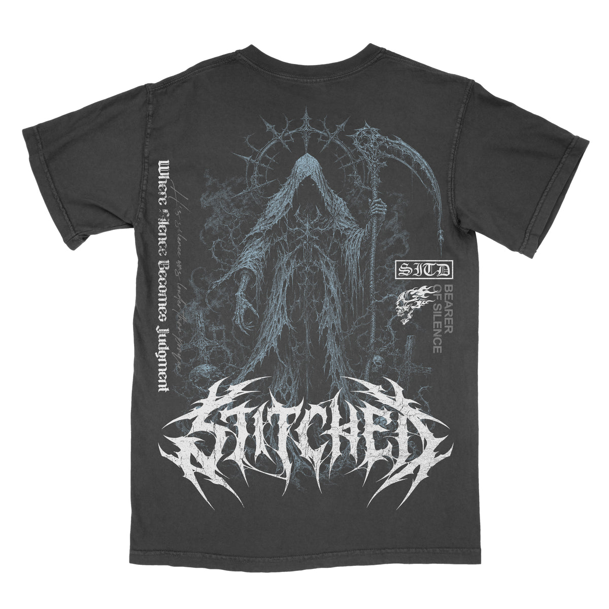 Back of a black vintage-wash graphic tee featuring a hooded grim reaper holding a large scythe, rendered in distressed blue-gray tones with gothic details, “Bearer of Silence” text, and an oversized white Stitched in the Dark metal-style logo.
