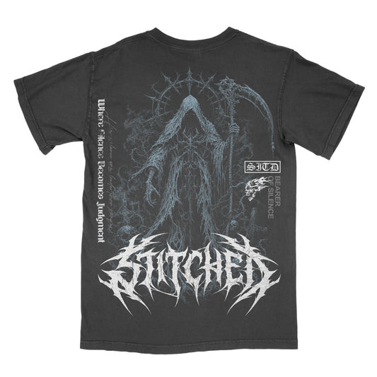 Back of a black vintage-wash graphic tee featuring a hooded grim reaper holding a large scythe, rendered in distressed blue-gray tones with gothic details, “Bearer of Silence” text, and an oversized white Stitched in the Dark metal-style logo.