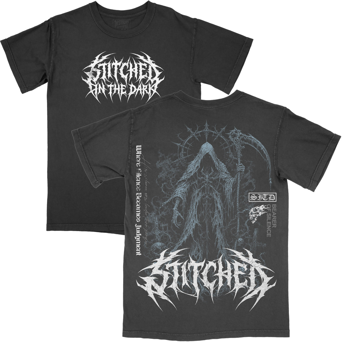 Front and back views of a black vintage-wash Bearer of Silence graphic tee, featuring a small white Stitched in the Dark logo on the front and an oversized hooded grim reaper with scythe artwork, gothic typography, and Stitched in the Dark branding on the back.