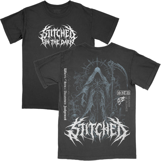 Front and back views of a black vintage-wash Bearer of Silence graphic tee, featuring a small white Stitched in the Dark logo on the front and an oversized hooded grim reaper with scythe artwork, gothic typography, and Stitched in the Dark branding on the back.