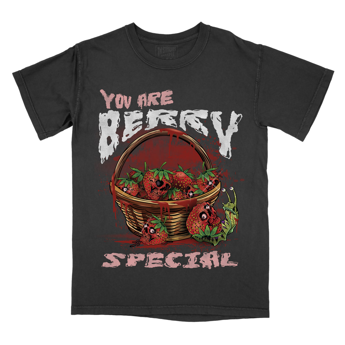 Black t-shirt with a graphic print that reads 'You Are Berry Special' with a snail with a strawberry as its shell and basket imagery.