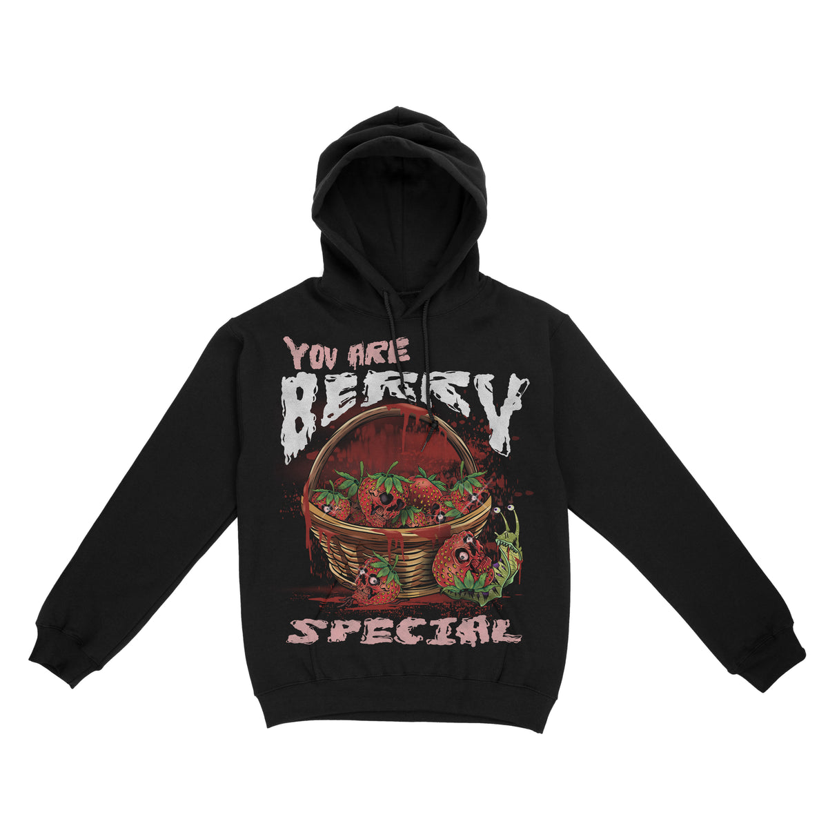 Black hoodie with a graphic print that reads 'You Are Berry Special' with a snail with a strawberry as its shell and basket imagery.