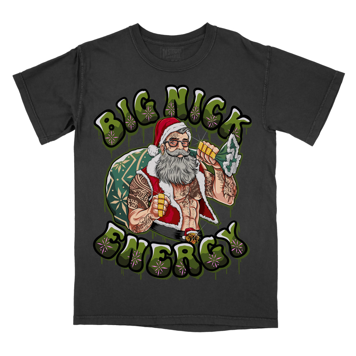 black T-shirt featuring an illustrated Santa Claus holding a drink and a sack, with the text ‘Big Nick Energy’ in green lettering.”