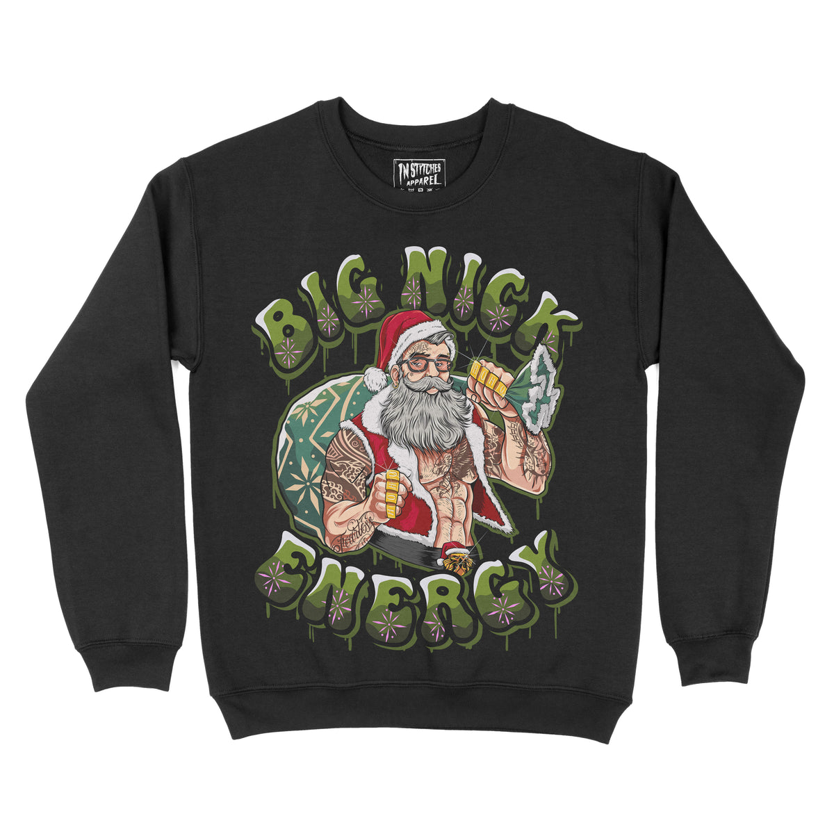 Black Crewnck featuring an illustrated Santa Claus holding a drink and a sack, with the text ‘Big Nick Energy’ in green lettering.”