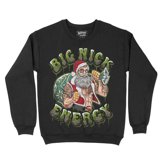 Black Crewnck featuring an illustrated Santa Claus holding a drink and a sack, with the text ‘Big Nick Energy’ in green lettering.”