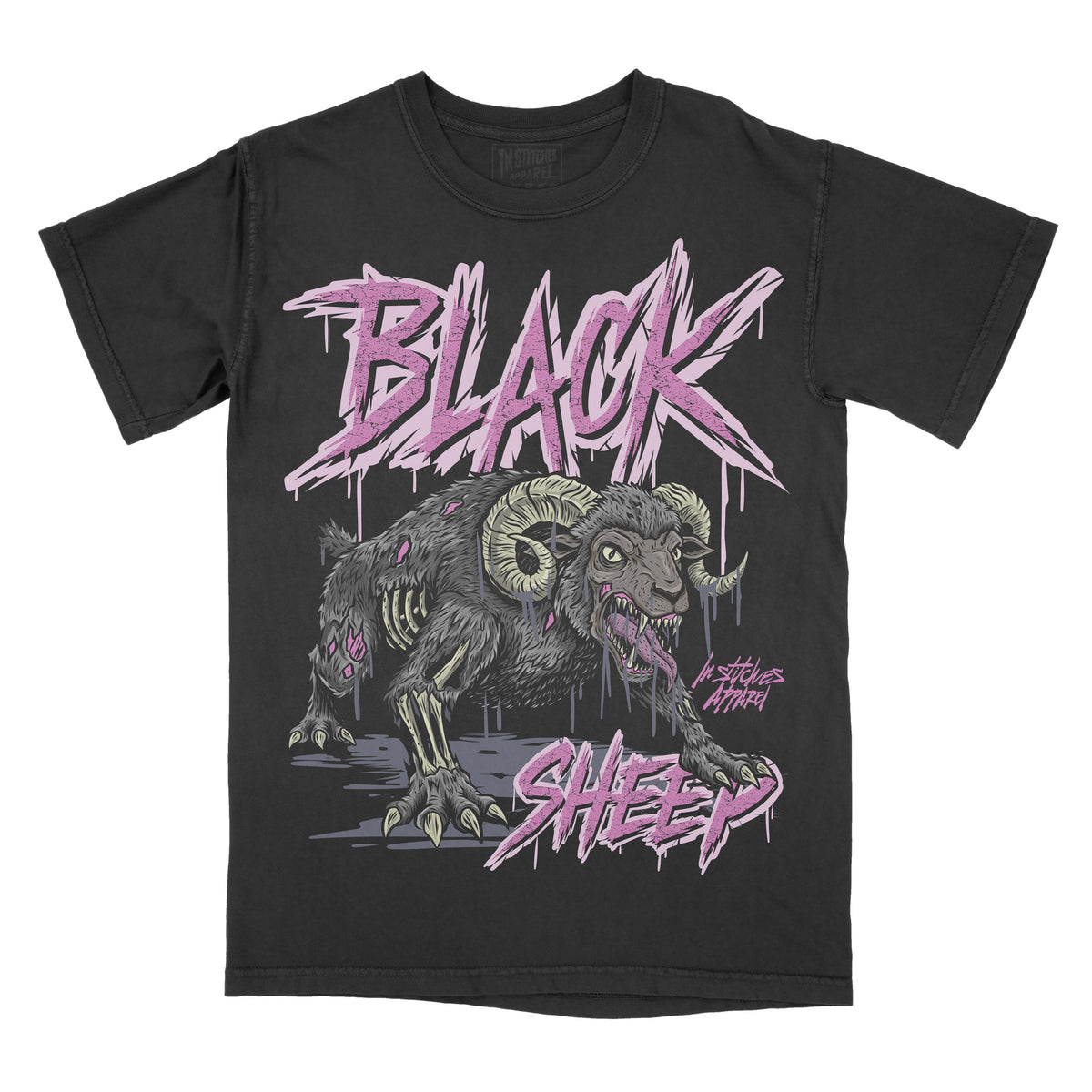 A black short-sleeve graphic t-shirt featuring a stylized ram illustration and the words 'BLACK SHEEP' in a pink dripping font, shown against a plain white background.
