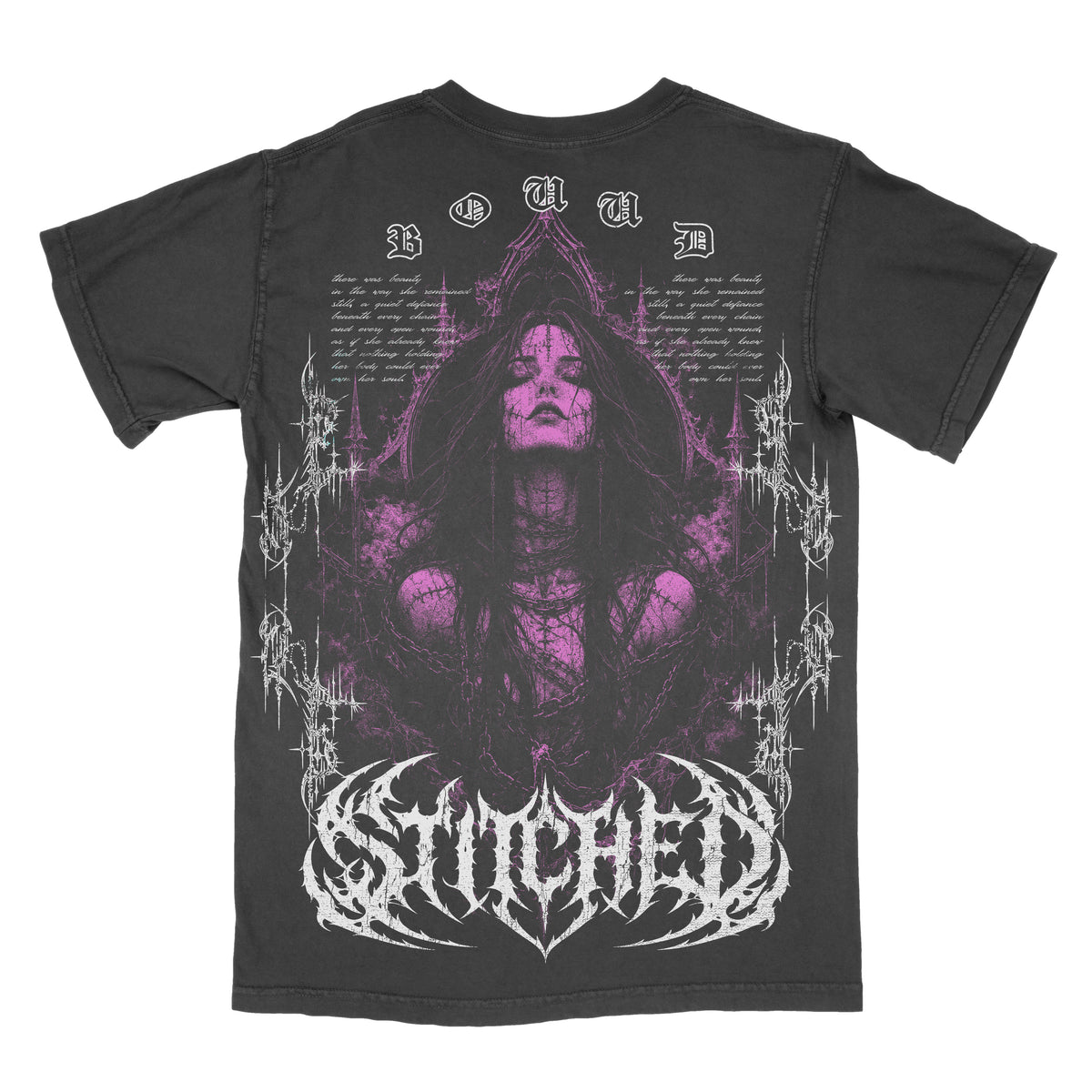 Back of a black vintage-wash graphic tee featuring a bound gothic woman in purple and black, surrounded by ornate cathedral-inspired details with “Bound” above and a large distressed Stitched in the Dark logo below.