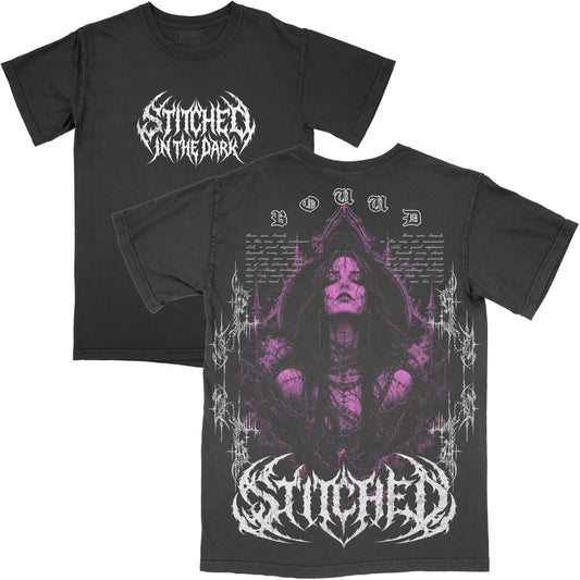 Front and back views of a black vintage-wash Bound graphic tee featuring a small white Stitched in the Dark chest logo on the front and an oversized purple gothic woman artwork with “Bound” and Stitched in the Dark lettering on the back.