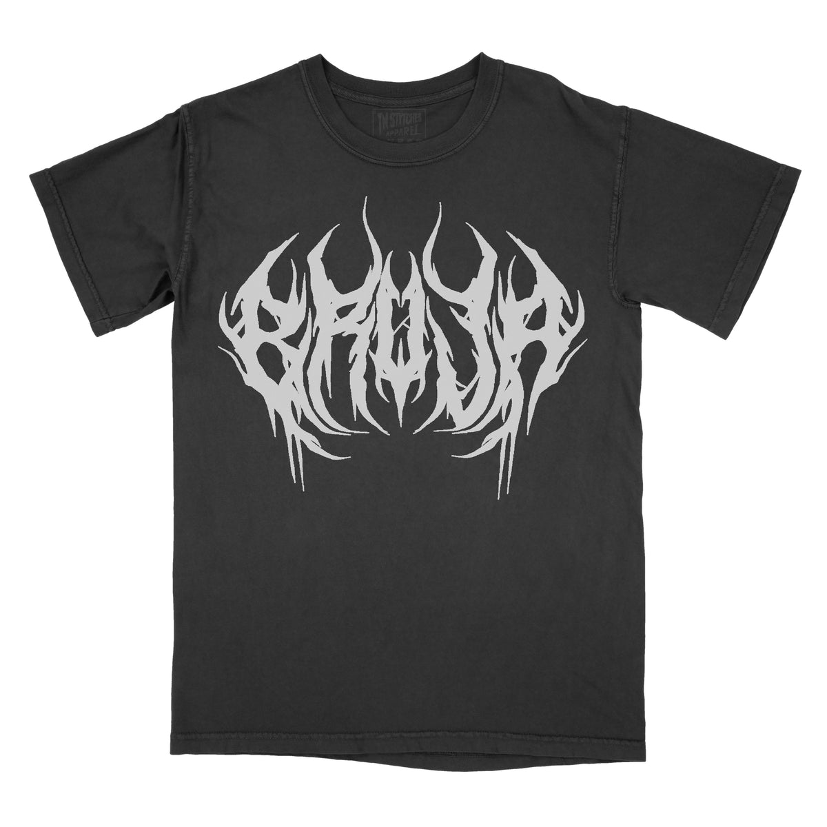 Black graphic tee with 'Bruja' text in a stylized font and a graphic design in white.