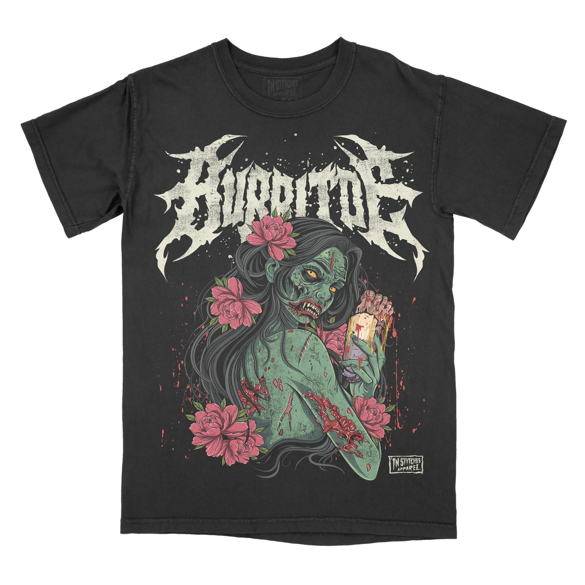 Black vintage-wash graphic T-shirt featuring a zombie girl with long black hair and pink flowers, holding a burrito with a human foot sticking out. The word "BURRITOE" appears above in a distressed metal-inspired font. Bold horror parody design with gore, floral accents, and gothic alternative style.