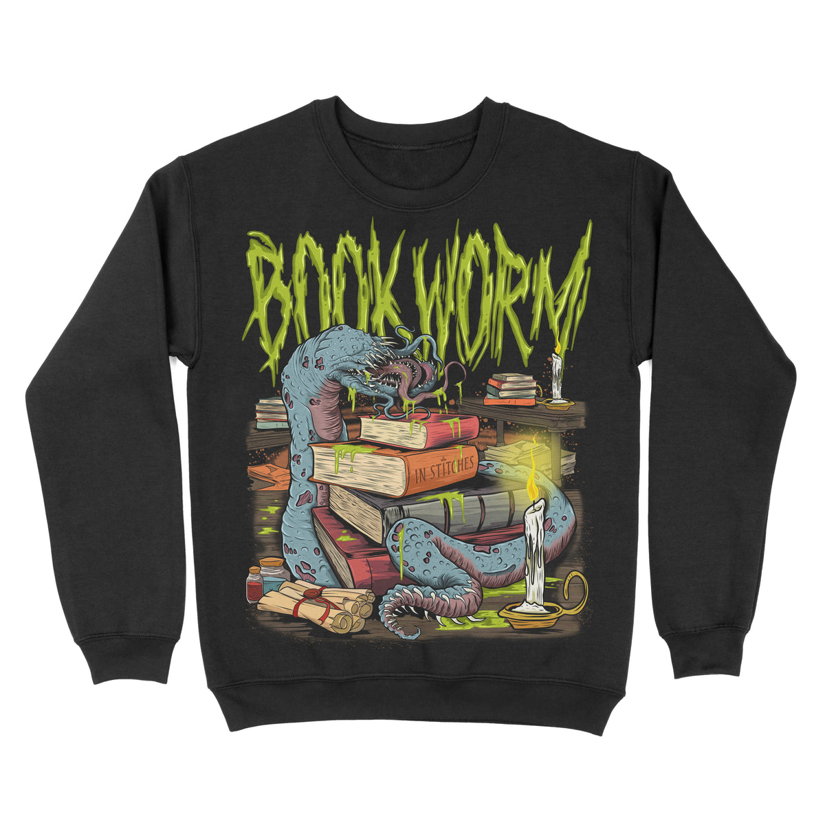 Crewneck sweatshirt with a vintage-inspired design featuring a bookworm with books and a candle on a shelf in the background.