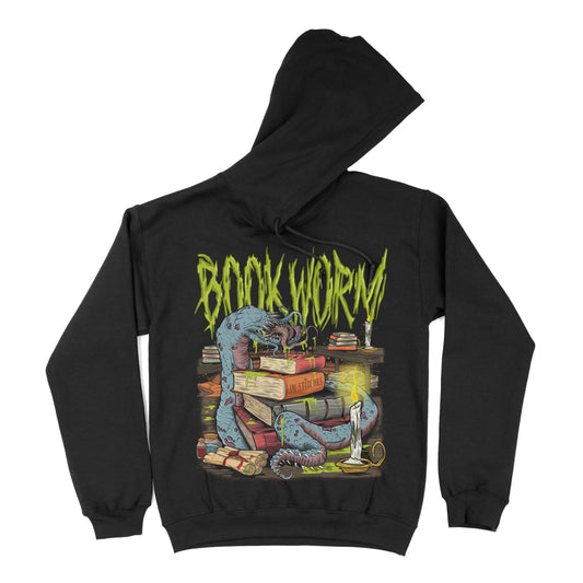 Black hoodie with a graphic design featuring a book worm and books on the front.