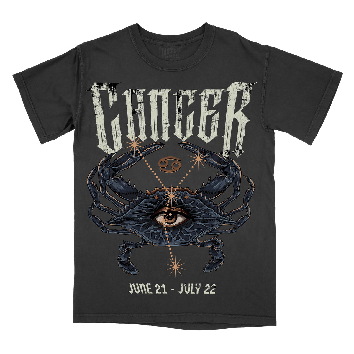 Graphic tee with a design featuring a crab and zodiac elements on a black background, with the text 'CANCER' above the graphic and 'JUNE 21 - JULY 22' below it.
