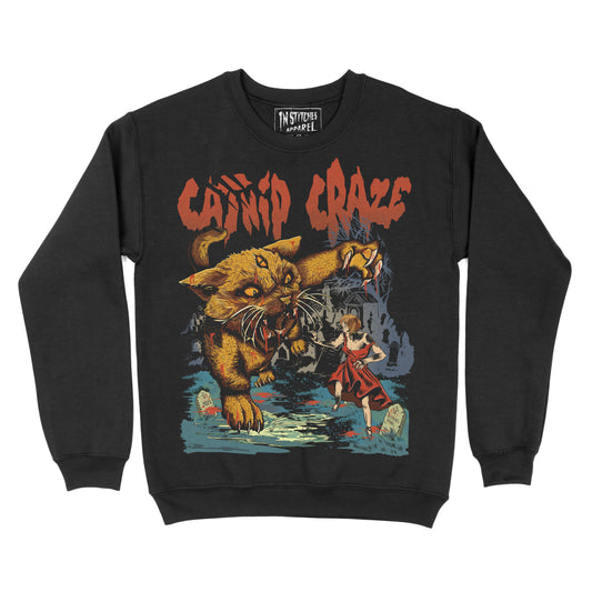 Black crewneck sweatshirt  with a graphic print of a cat and human in a stylized design, featuring text 'Catnip Craze'.