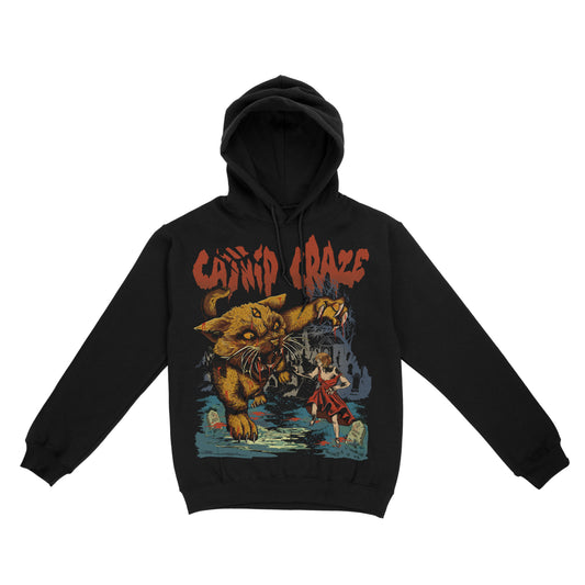 Black hoodie with a graphic print of a cat and human in a stylized design, featuring text 'Catnip Craze'.
