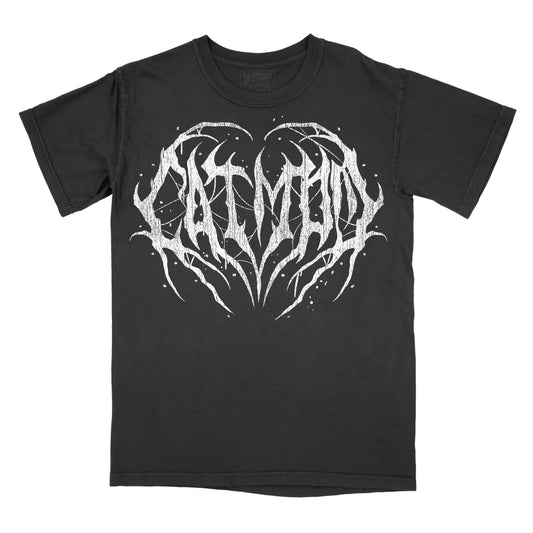 Black graphic tee with a metal font design that reads 'CAT MOM' in stylized lettering.