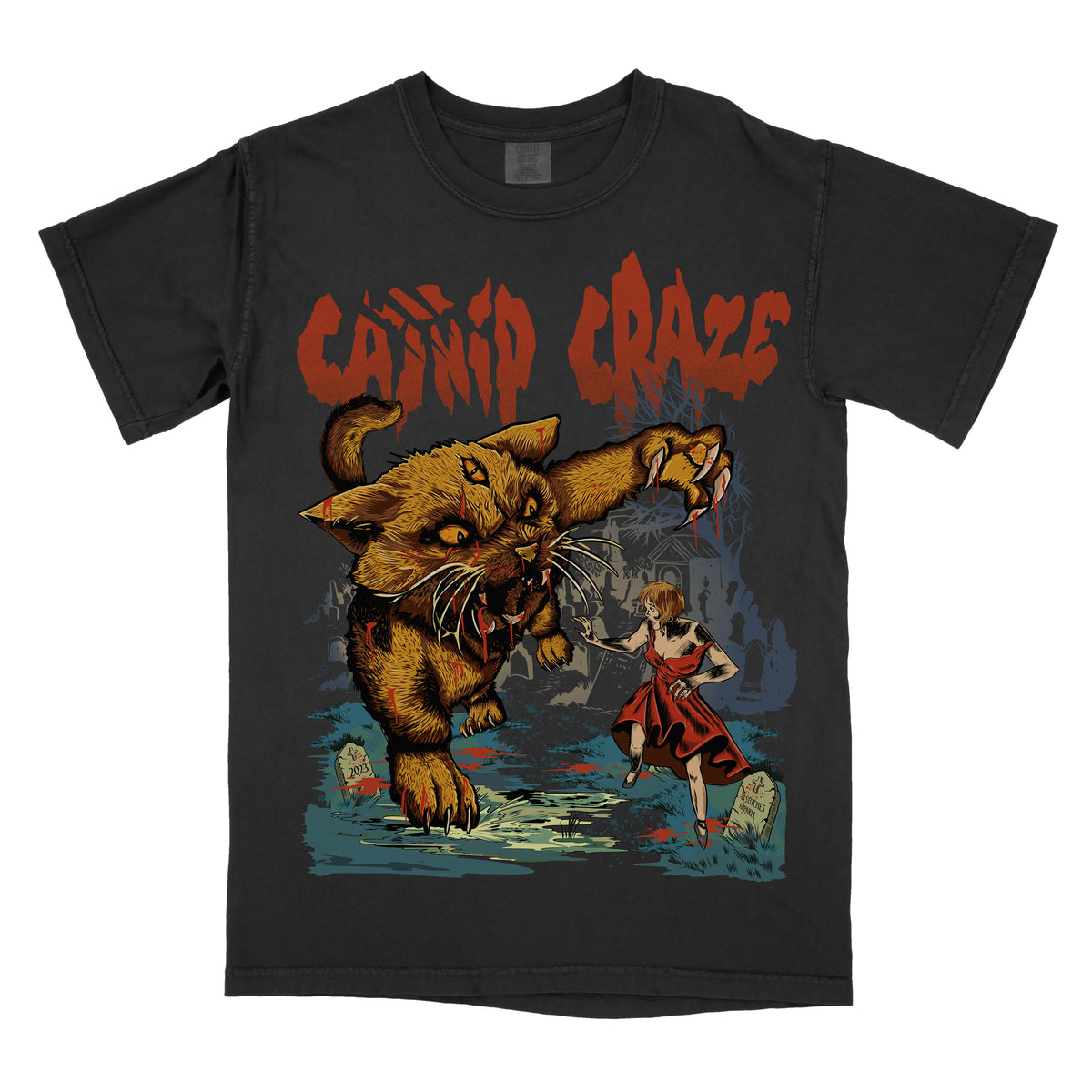 Black t-shirt with a graphic print of a cat and human in a stylized design, featuring text 'Catnip Craze'.