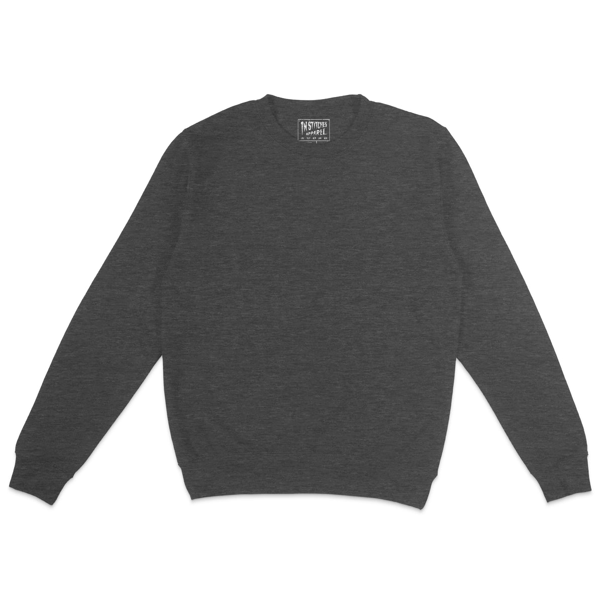 Dark gray crewneck sweatshirt shown flat on a light background with long sleeves and ribbed cuffs and hem.