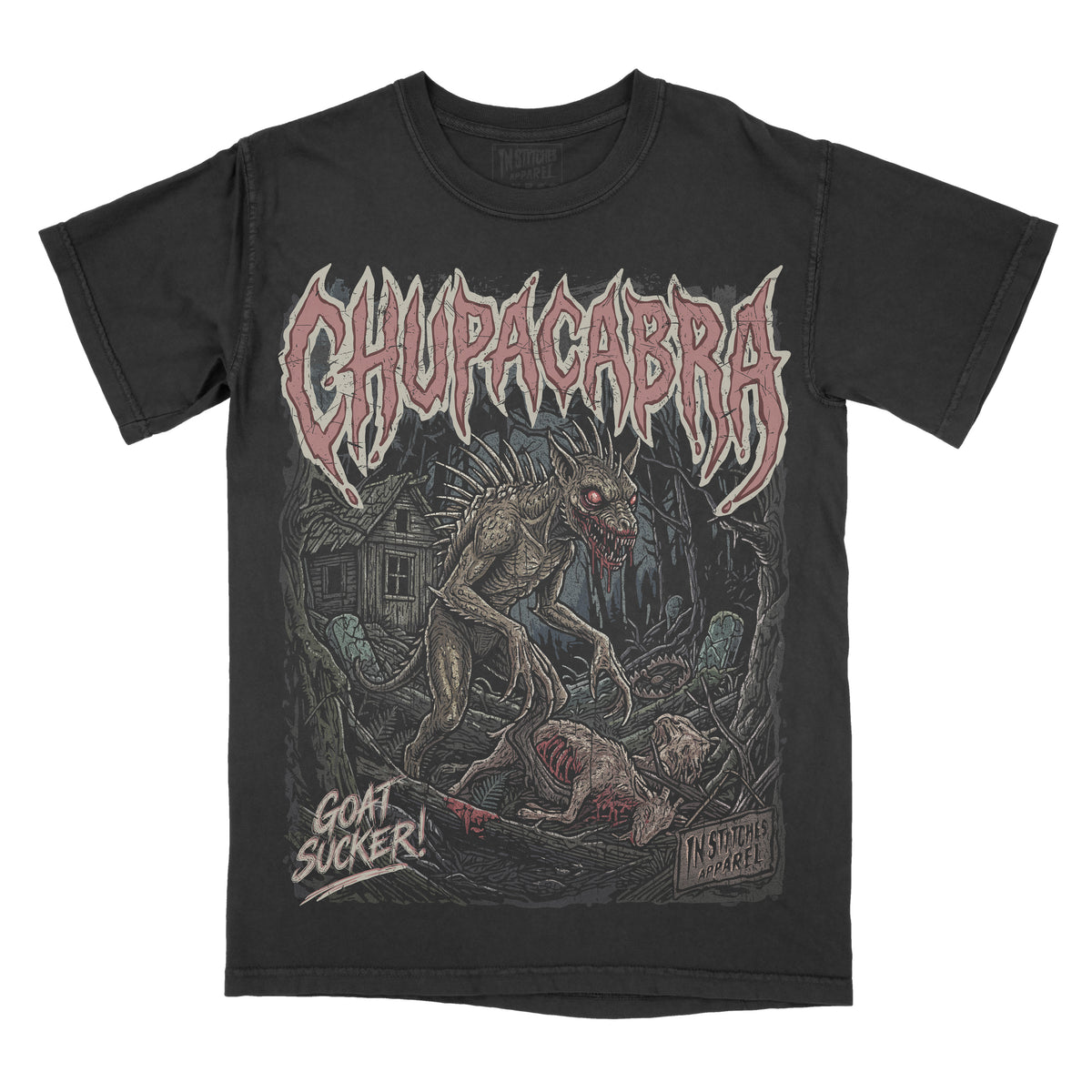 A black short-sleeve graphic t-shirt featuring the band Chupacabra with a large horror-themed illustration on the front, including the text 'Chupacabra' and 'Goat Sucker!'.