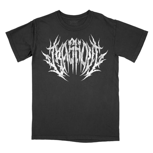 Black vintage-wash graphic T-shirt featuring the phrase "CRASH OUT" in a distressed white metal-inspired font with sharp spikes and symmetrical black metal logo styling. 