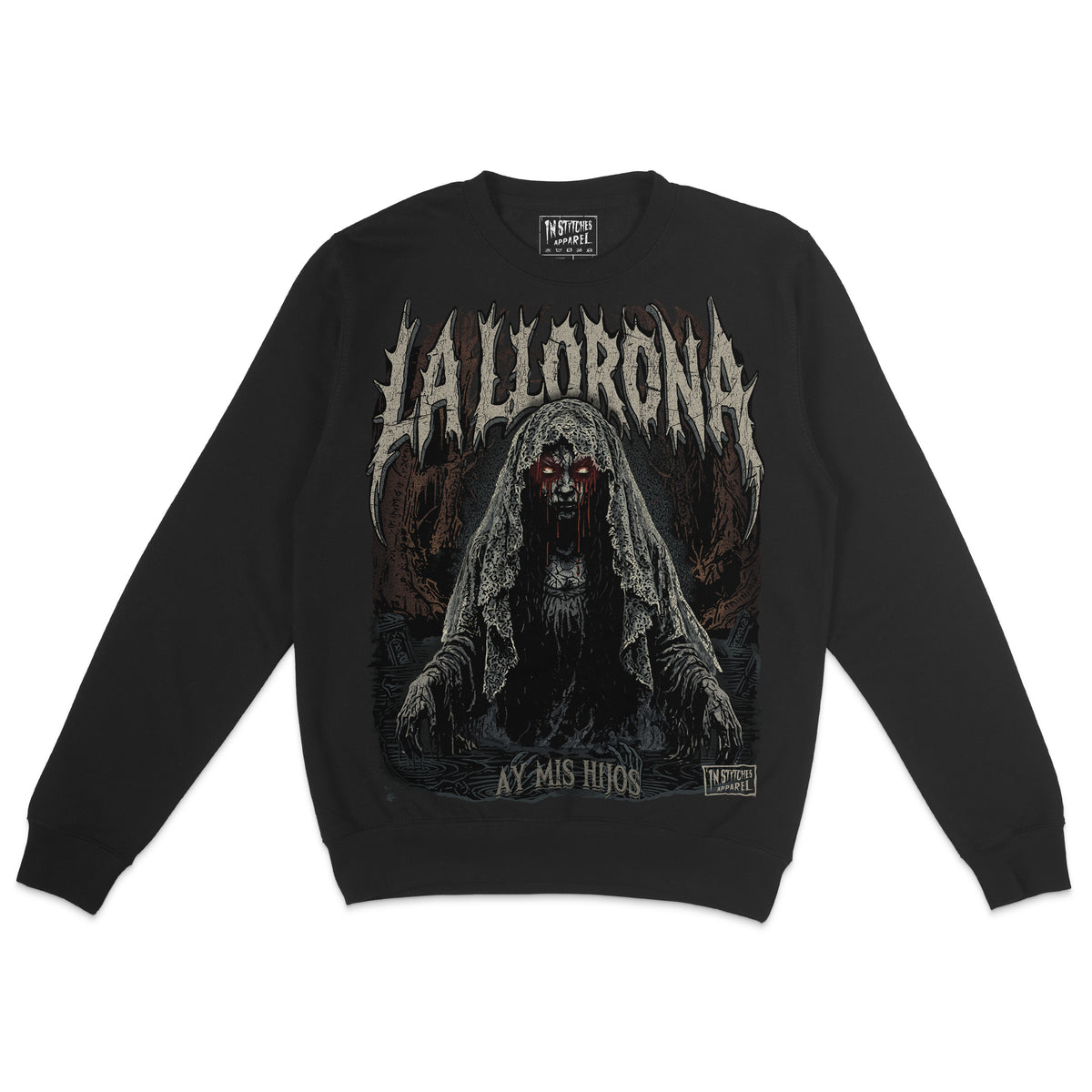 Black crewneck sweatshirt featuring a dark La Llorona horror graphic with a veiled ghostly woman, glowing eyes, and distressed gothic lettering.