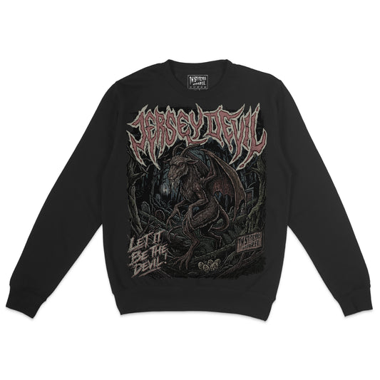 Black crewneck sweatshirt featuring a dark Jersey Devil graphic with a horned winged creature in a creepy forest and distressed gothic lettering.