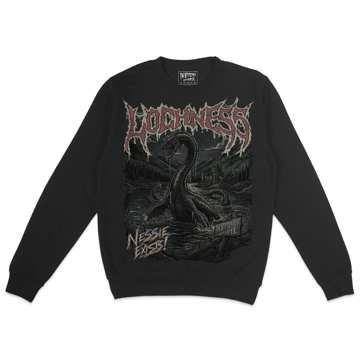Black crewneck sweatshirt featuring a dark Loch Ness Monster graphic with Nessie rising from the lake, a Scottish castle, mountains, and distressed gothic lettering.