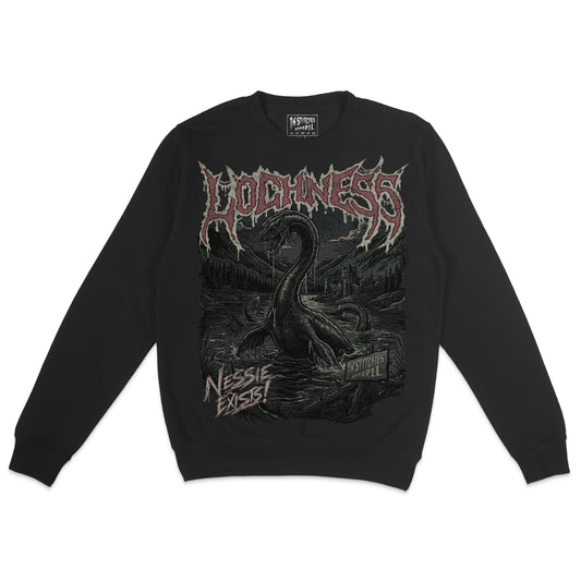 Black crewneck sweatshirt featuring a dark Loch Ness Monster graphic with Nessie rising from the lake, a Scottish castle, mountains, and distressed gothic lettering.