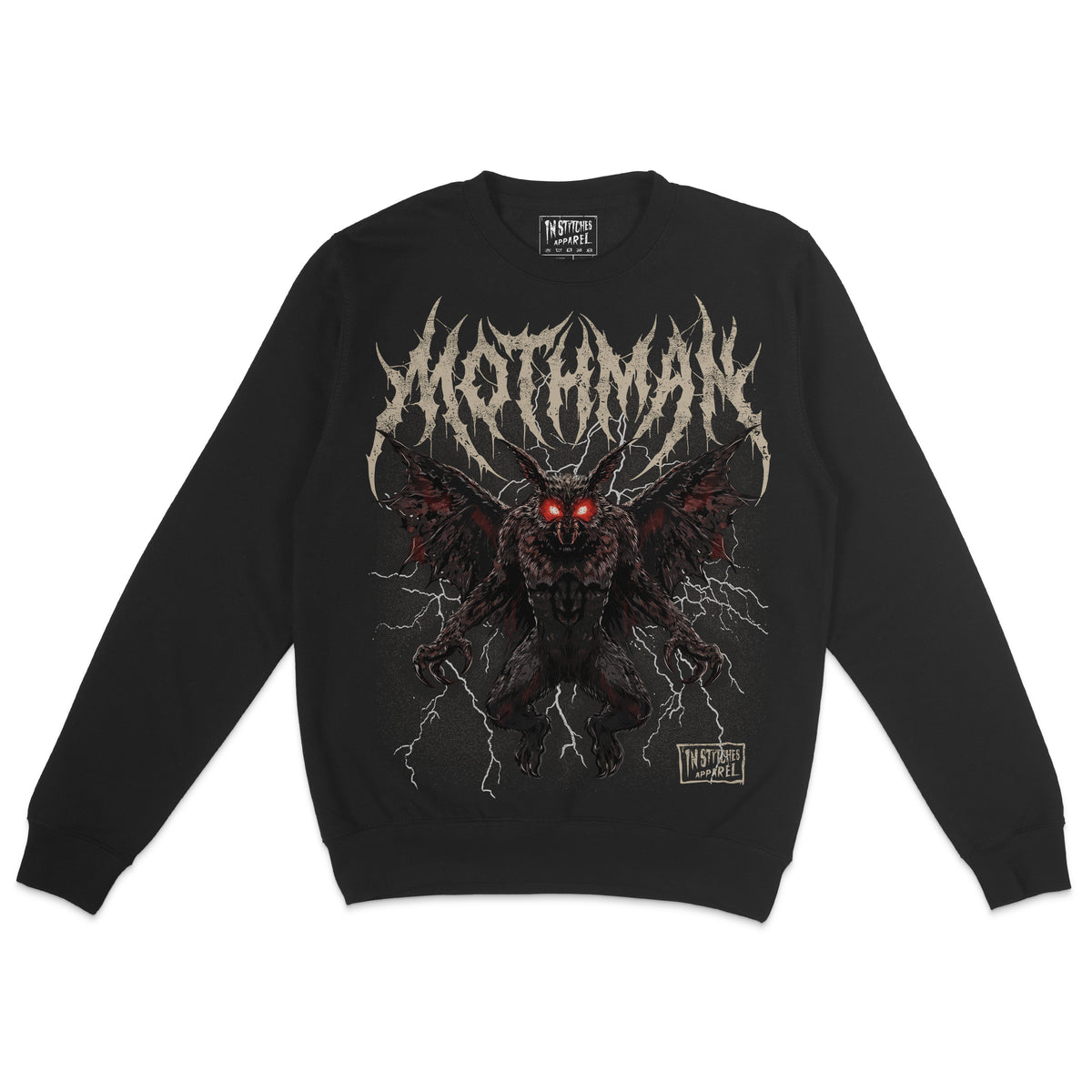 Black crewneck sweatshirt featuring a dark Mothman graphic with glowing red eyes, spread wings, lightning, and distressed gothic lettering.