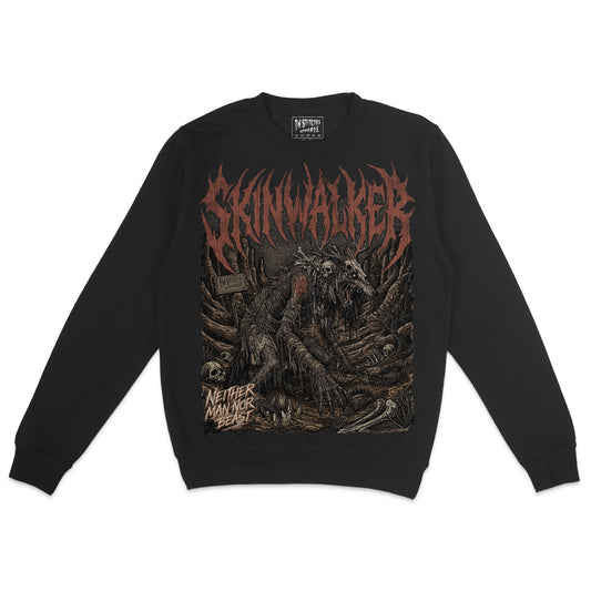 Black crewneck sweatshirt featuring a dark Skinwalker horror graphic with a skeletal animal-like creature, skulls, bones, and distressed red gothic lettering.