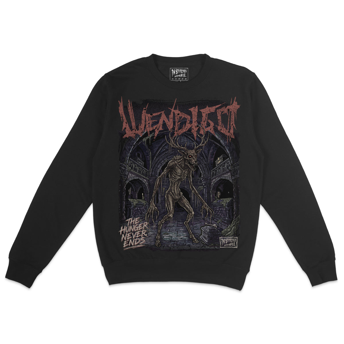 Black crewneck sweatshirt featuring a dark Wendigo horror graphic with an antlered skeletal creature inside a gothic crypt and distressed red lettering.