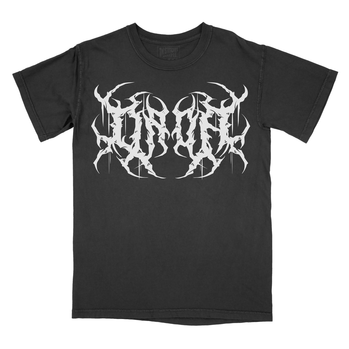 Black t-shirt with white dada metal graphic design on a white background