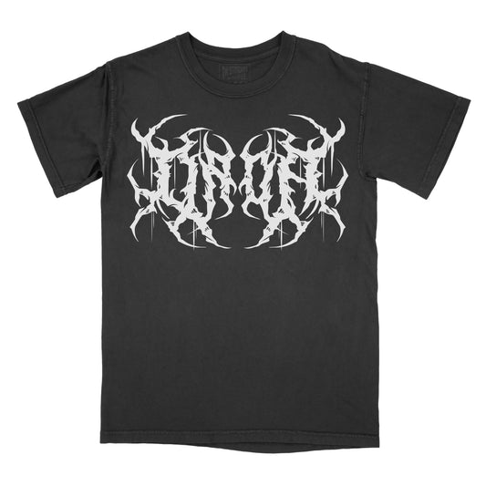 Black t-shirt with white dada metal graphic design on a white background