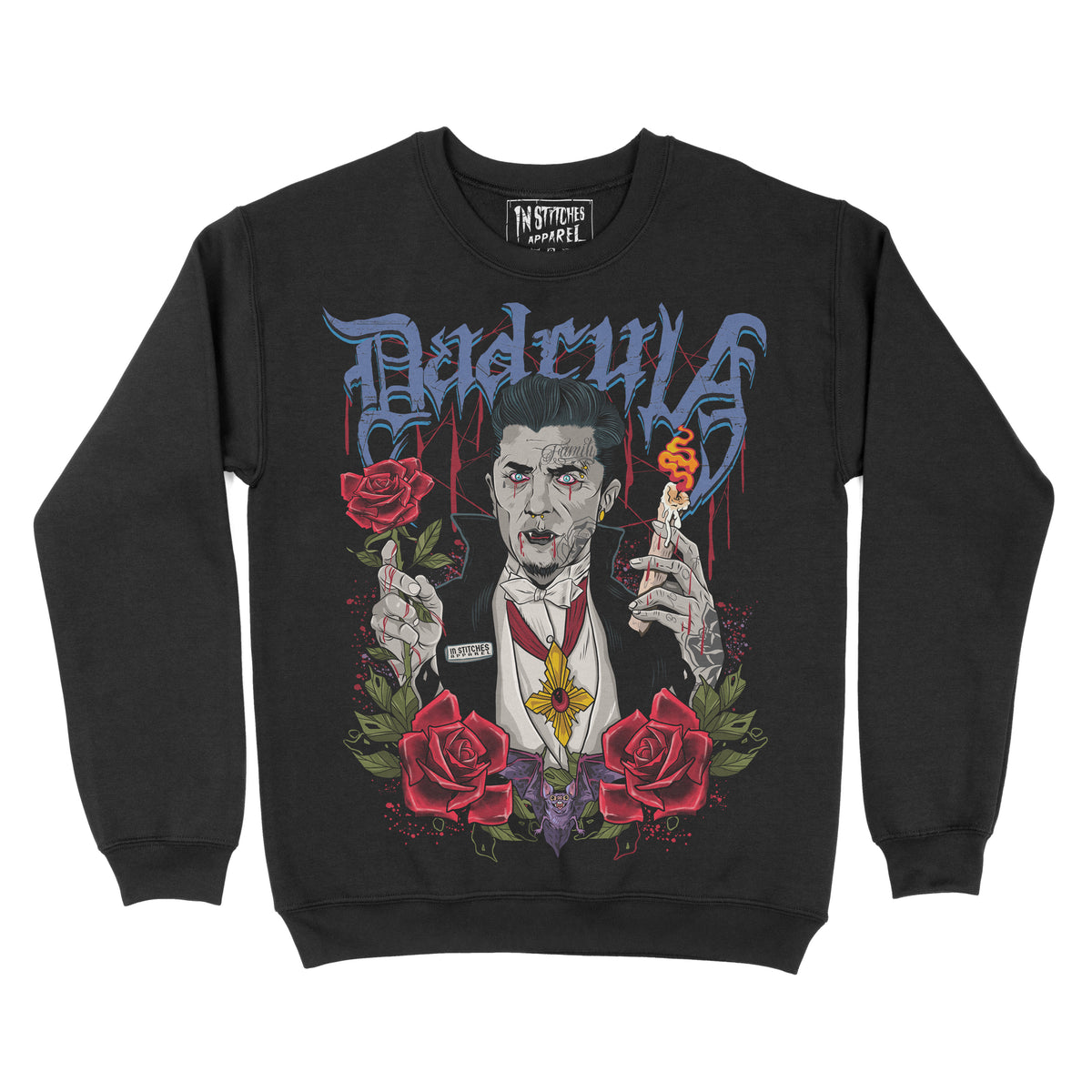 Black crewneck sweatshirt  featuring a gothic illustration of a vampire holding a drink, surrounded by red roses.