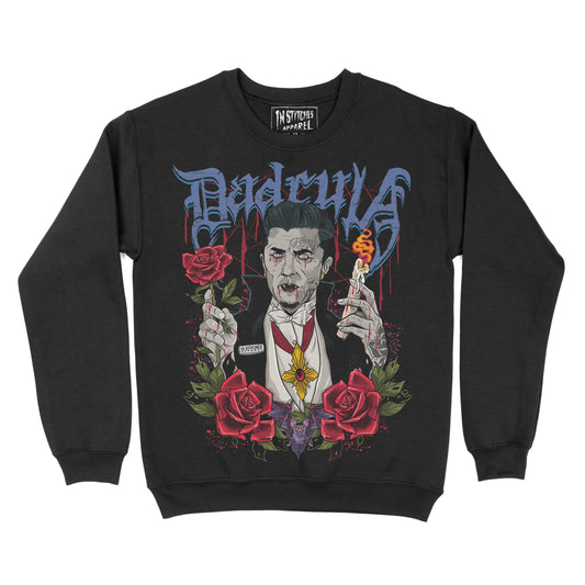 Black crewneck sweatshirt  featuring a gothic illustration of a vampire holding a drink, surrounded by red roses.