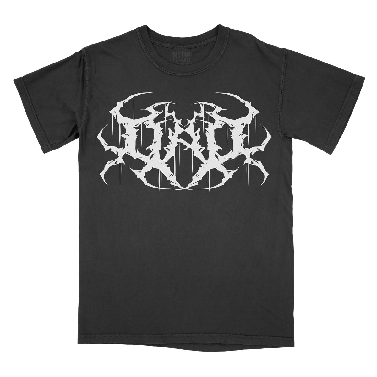 Black t-shirt with white dad metal graphic design on a white background