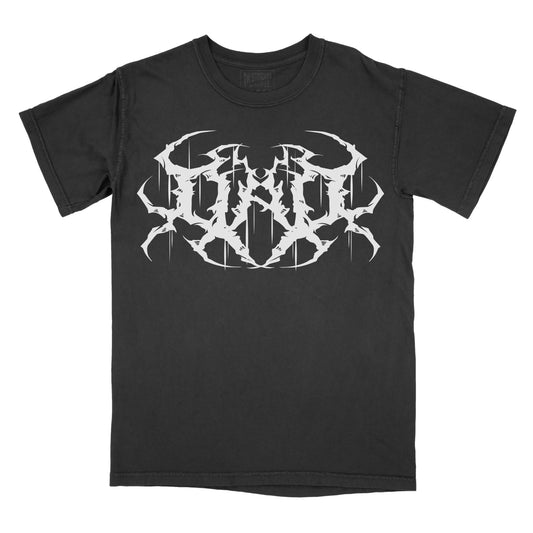 Black t-shirt with white dad metal graphic design on a white background