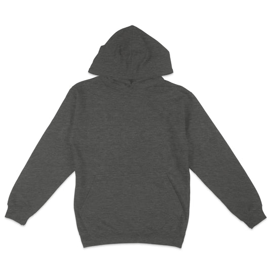 Dark grey pullover hoodie displayed flat on a light background, featuring a hood, long sleeves, and a front kangaroo pocket.