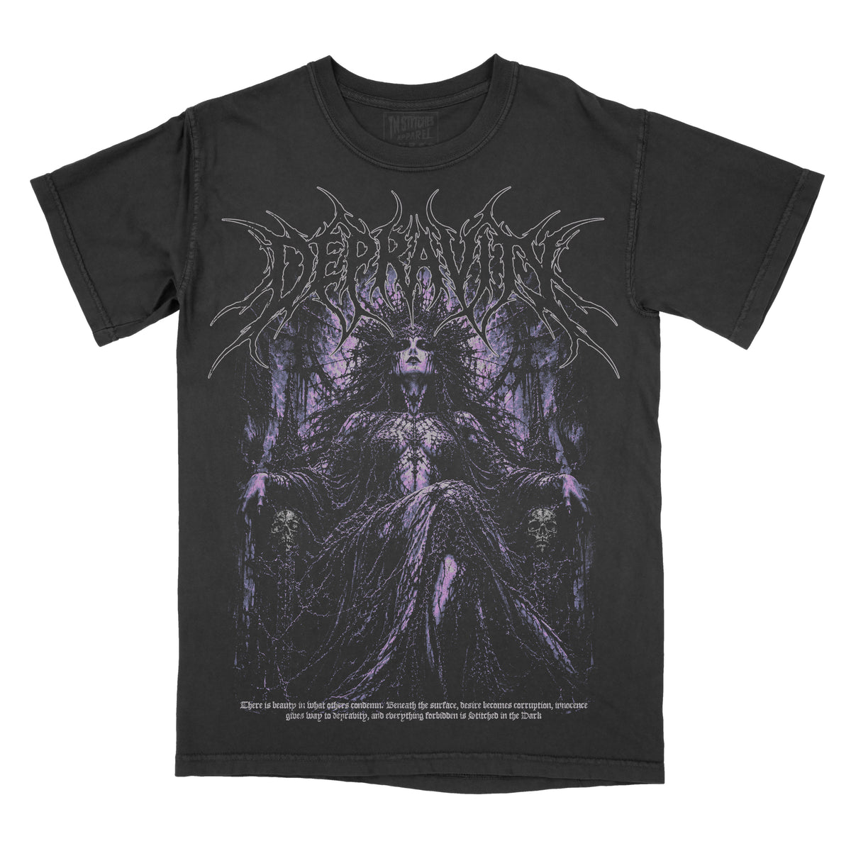 Black vintage-wash graphic tee featuring a dark gothic woman seated on an ornate throne surrounded by twisted branches and skulls, illustrated in distressed purple and black tones with “Depravity” across the top.