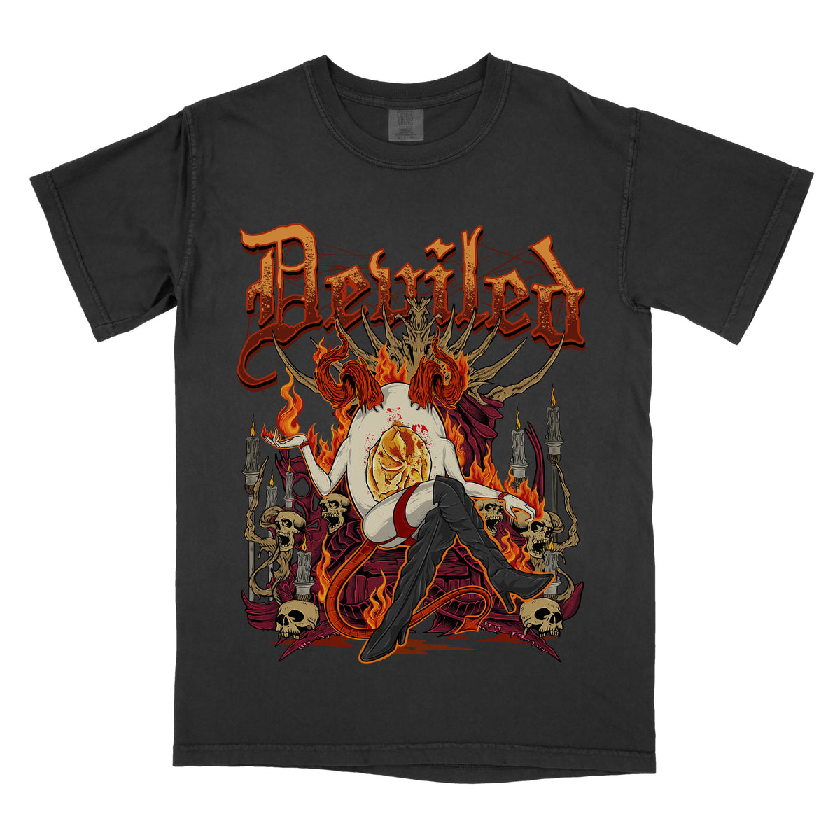 Black t-shirt with a graphic print of a egg person with flames around them, and text that reads 'DEVILED'.