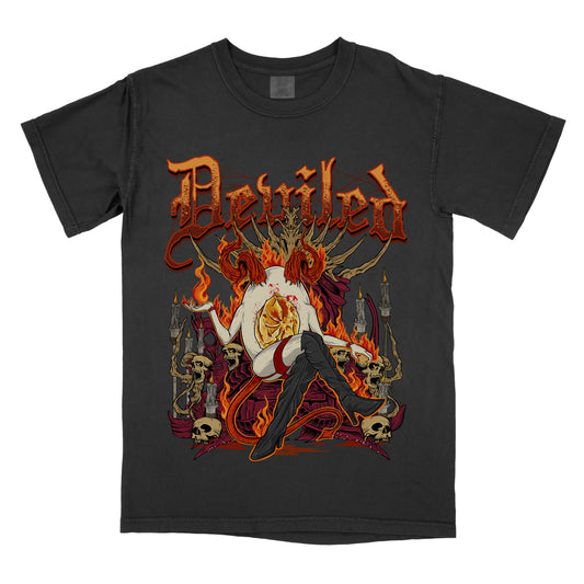 Black t-shirt with a graphic print of a egg person with flames around them, and text that reads 'DEVILED'.